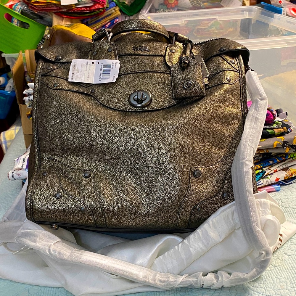 Coach NWT Rhyder 33 Large Metallic Brass Leather Satchel Bag with Dust Bag